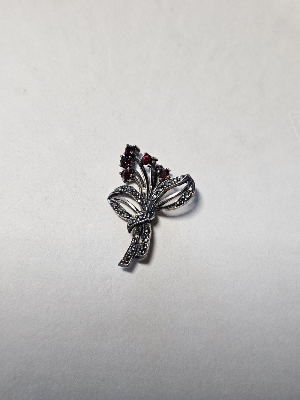 Sterling Silver 925 Floral Bouquet Brooch with Red Accent Stones